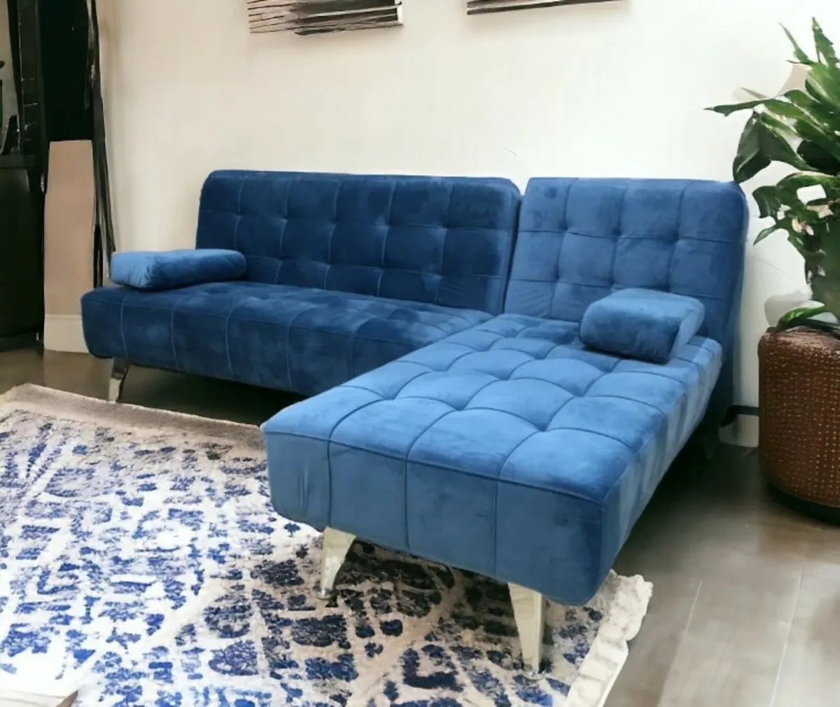 Compact L Shaped Sofa Bed – Blue Velvet Design - Image 1