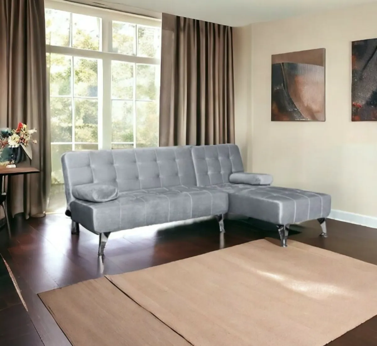Stylish Sofa Bed with Chaise – Light Grey Velvet - Image 1