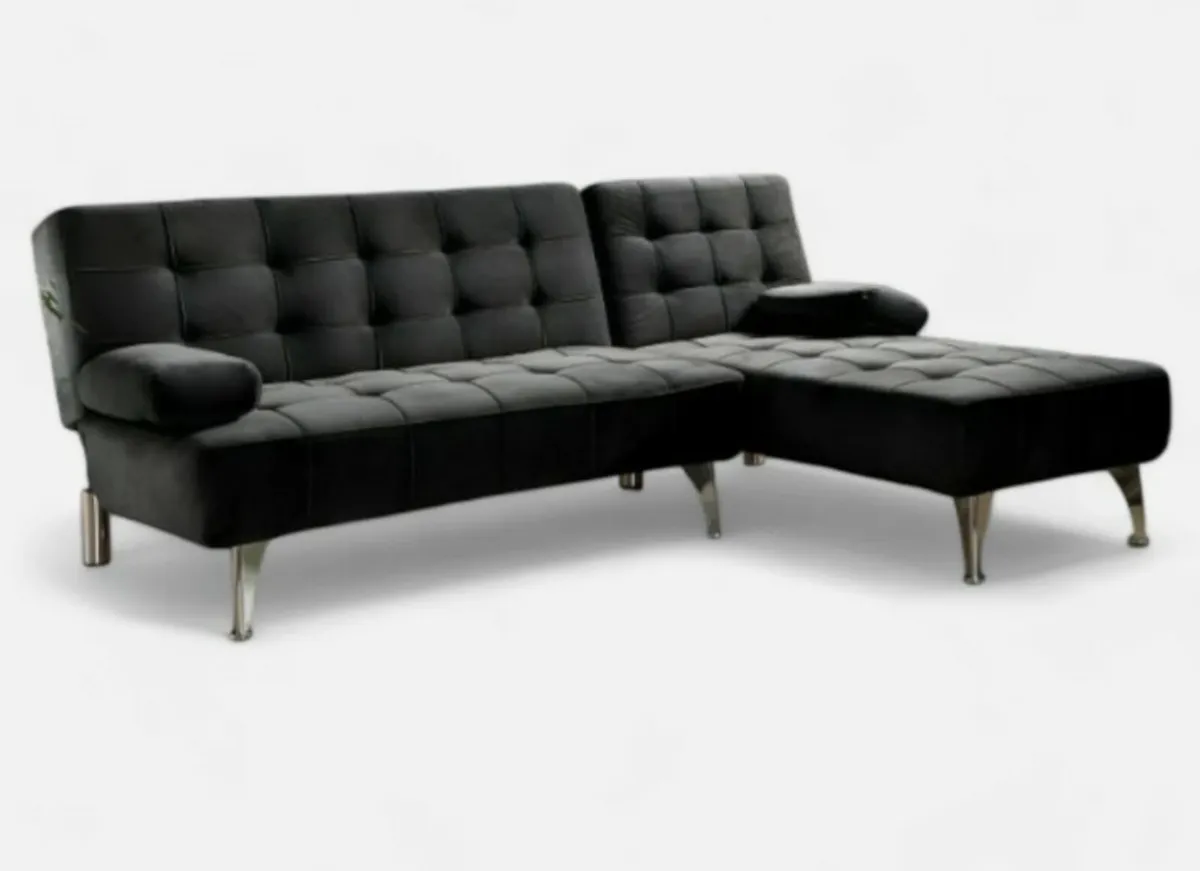 Space-Saving Corner Sofa Bed – Black Velvet - Image 1
