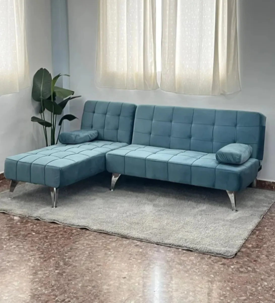 Blue Velvet Corner Sofa Bed with Chaise Lounge - Image 1