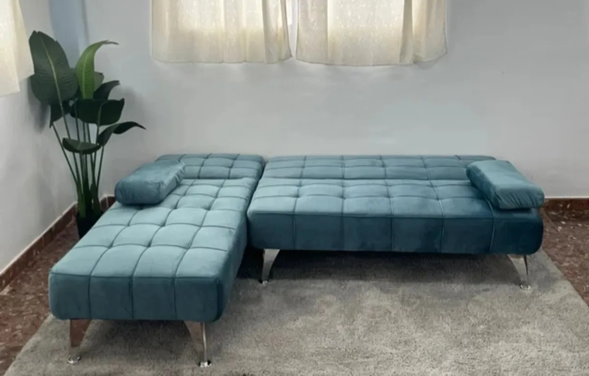 Blue Velvet Corner Sofa Bed with Chaise Lounge - Image 2