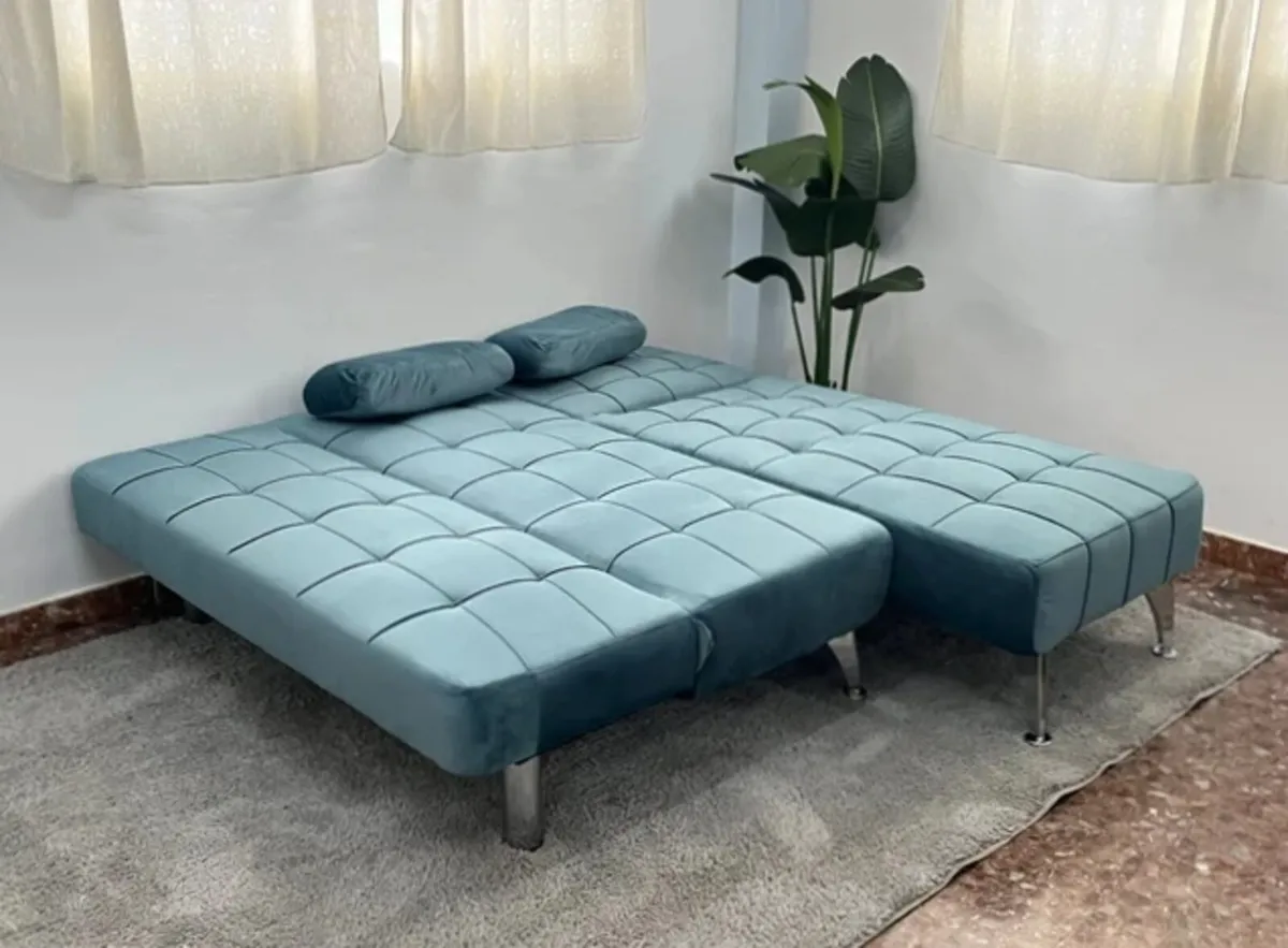 Blue Velvet Corner Sofa Bed with Chaise Lounge - Image 3