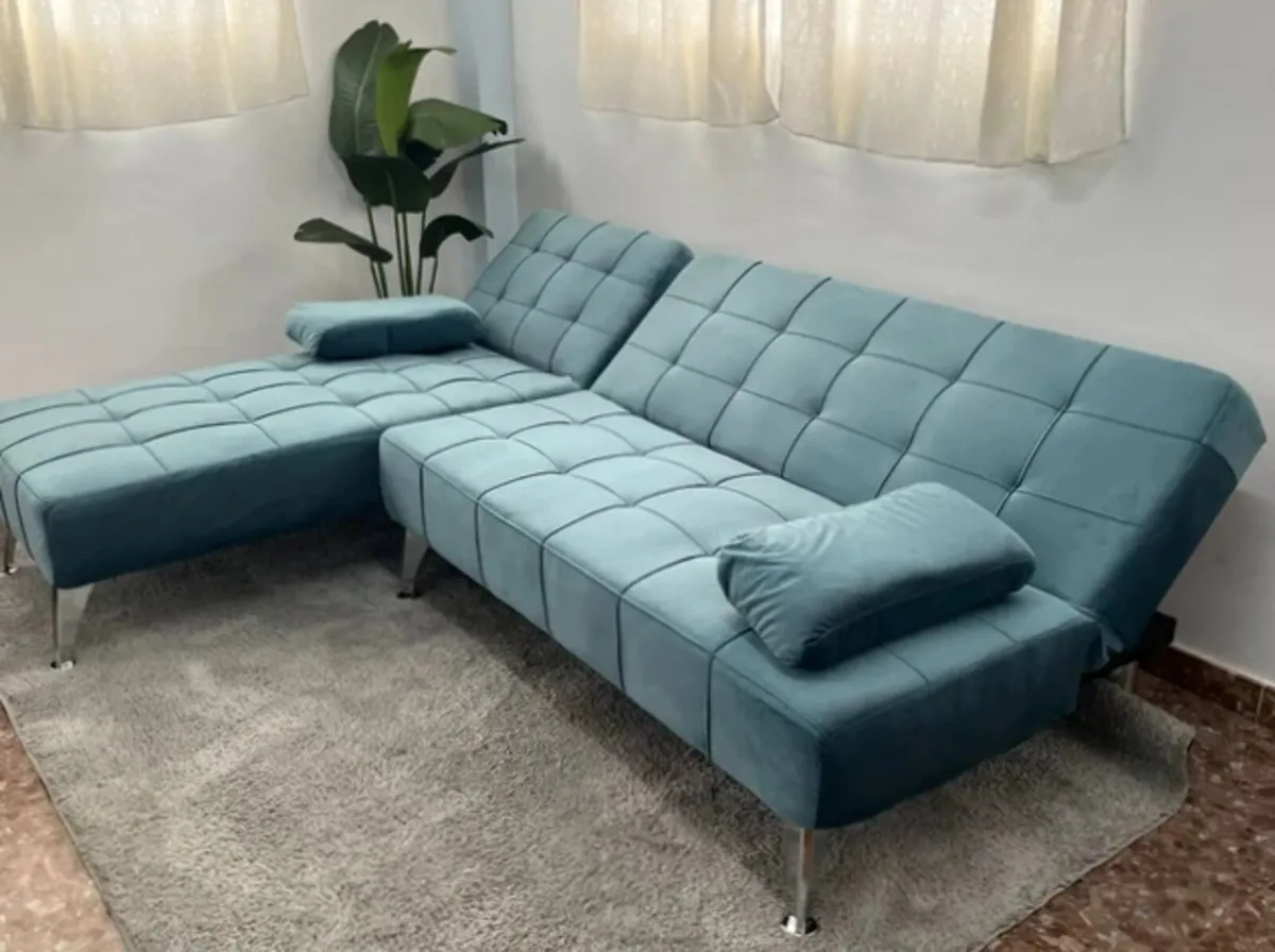 Blue Velvet Corner Sofa Bed with Chaise Lounge - Image 4