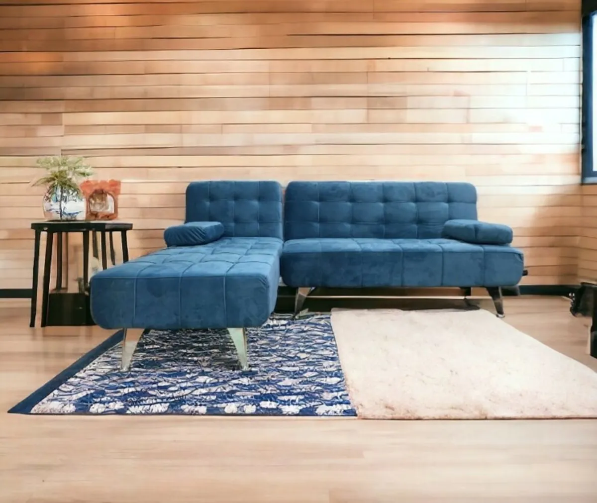 Elegant Chaise Corner Sofa Bed – Blue Velvet - Image 1