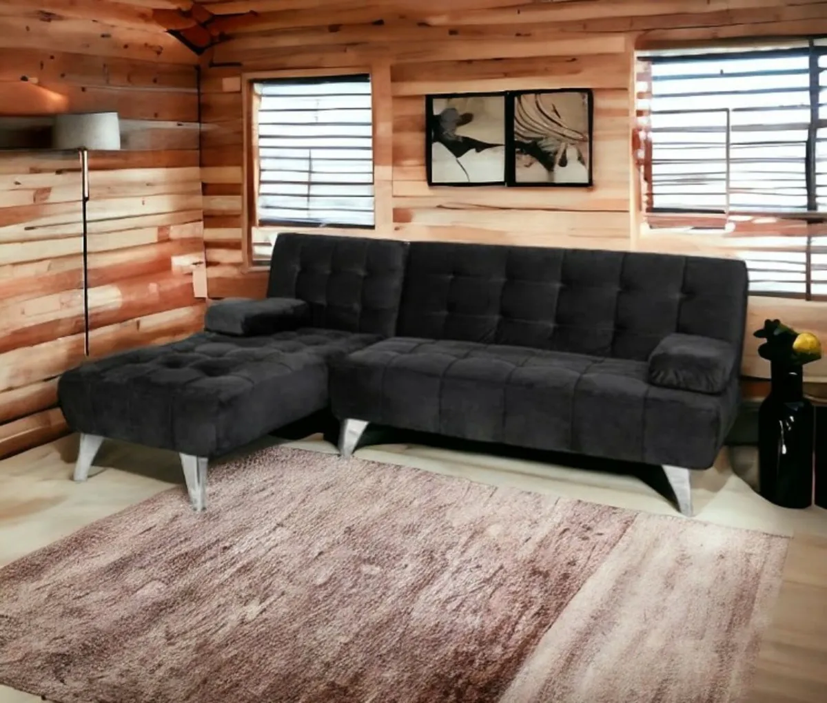 Luxury Black Velvet L-Shaped Sofa Bed with Chaise - Image 1