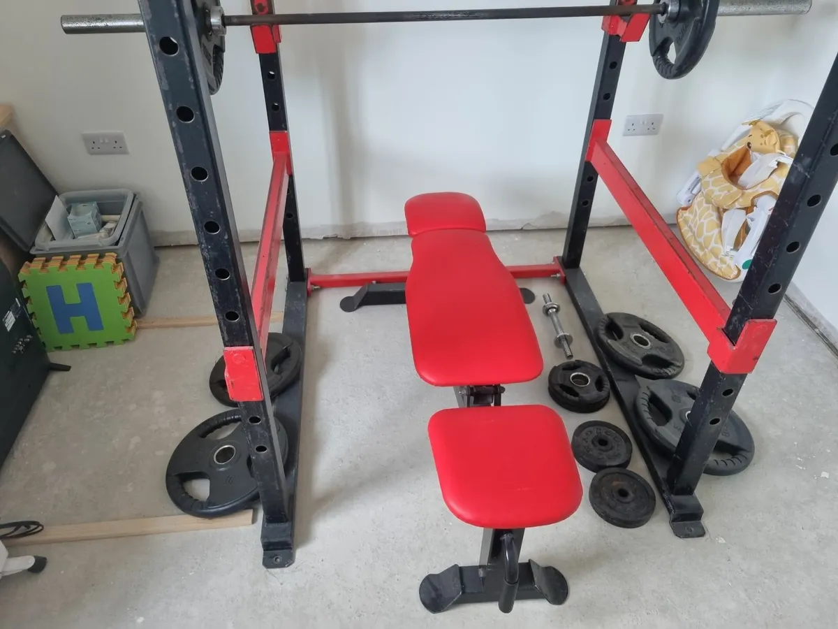 Squat rack with bench and  Olympic weights - Image 1