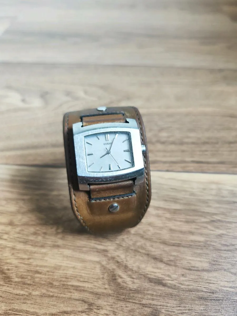 Men's Leather & Stainless Steel Guess Watch - Image 1