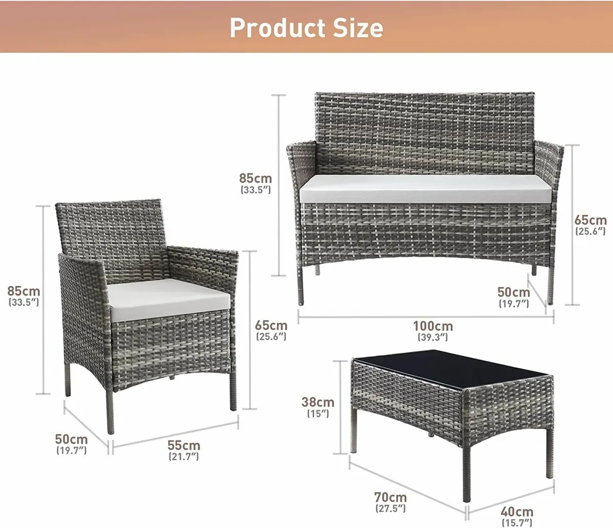 Rattan Chair 4pc Garden Set with Table & Cushions - Image 4