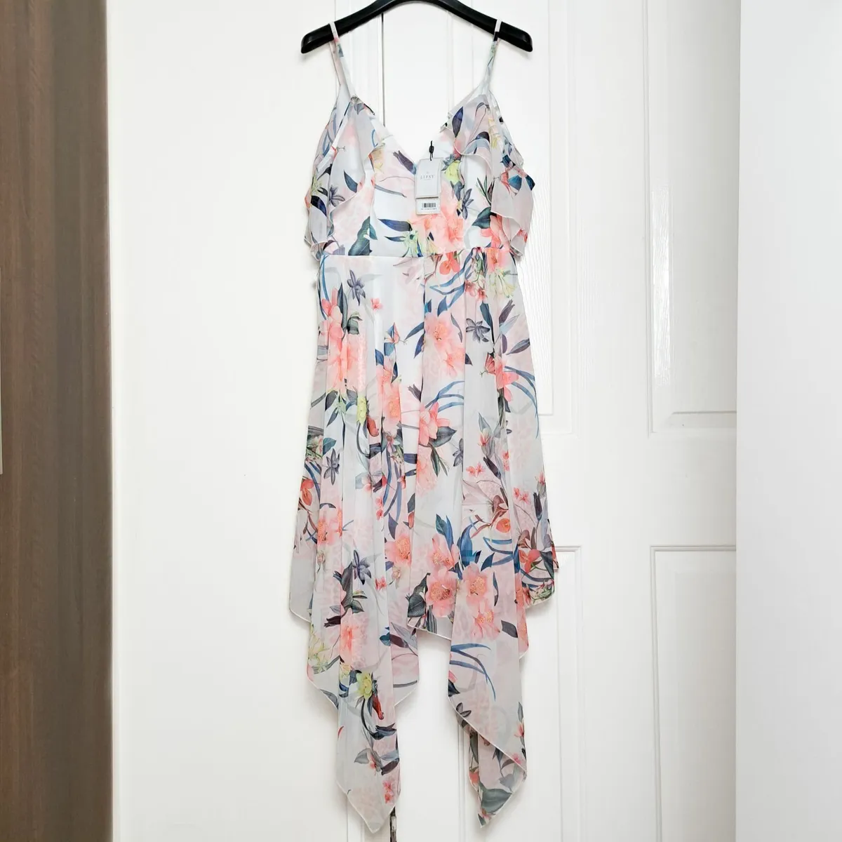 Lipsy White Pink Floral Chiffon Midi Dress 10UK - Image 1