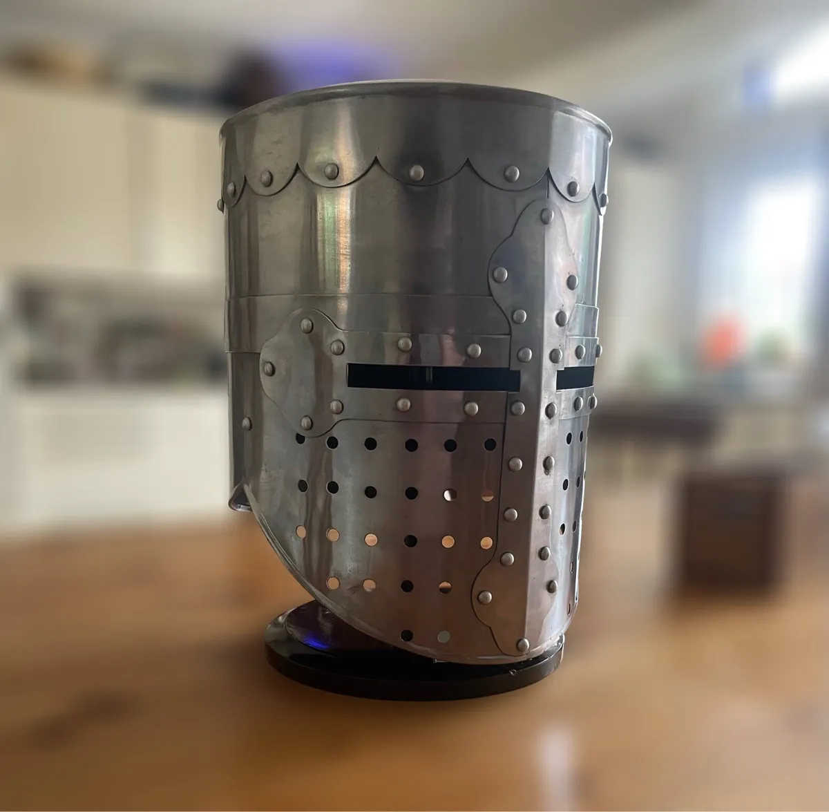 Full Size Medieval Knight Helmet with Wooden Stand - Image 1