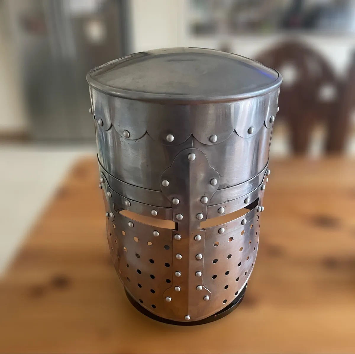 Full Size Medieval Knight Helmet with Wooden Stand - Image 2