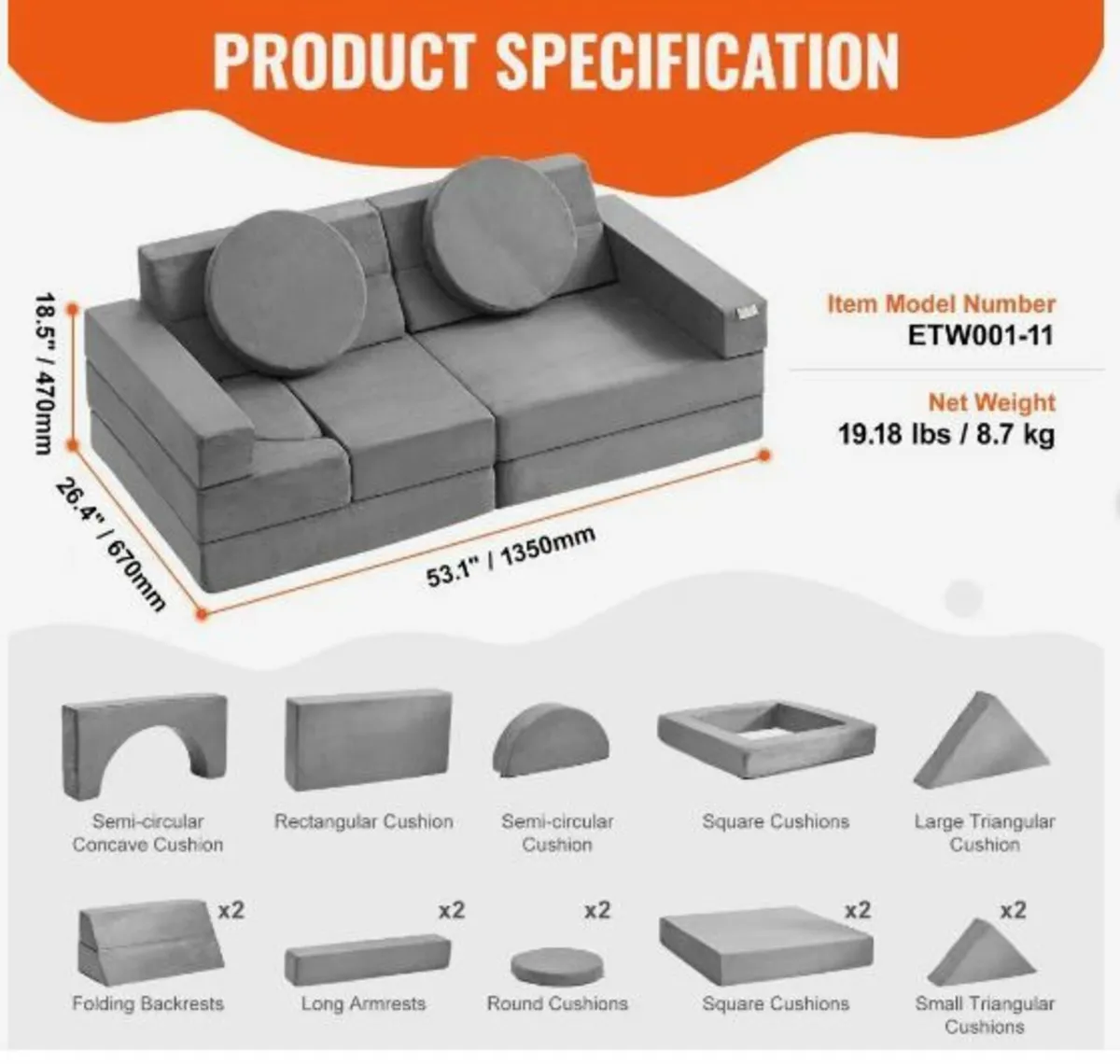 Play Couch, 15pcs Modular Kids - Image 3