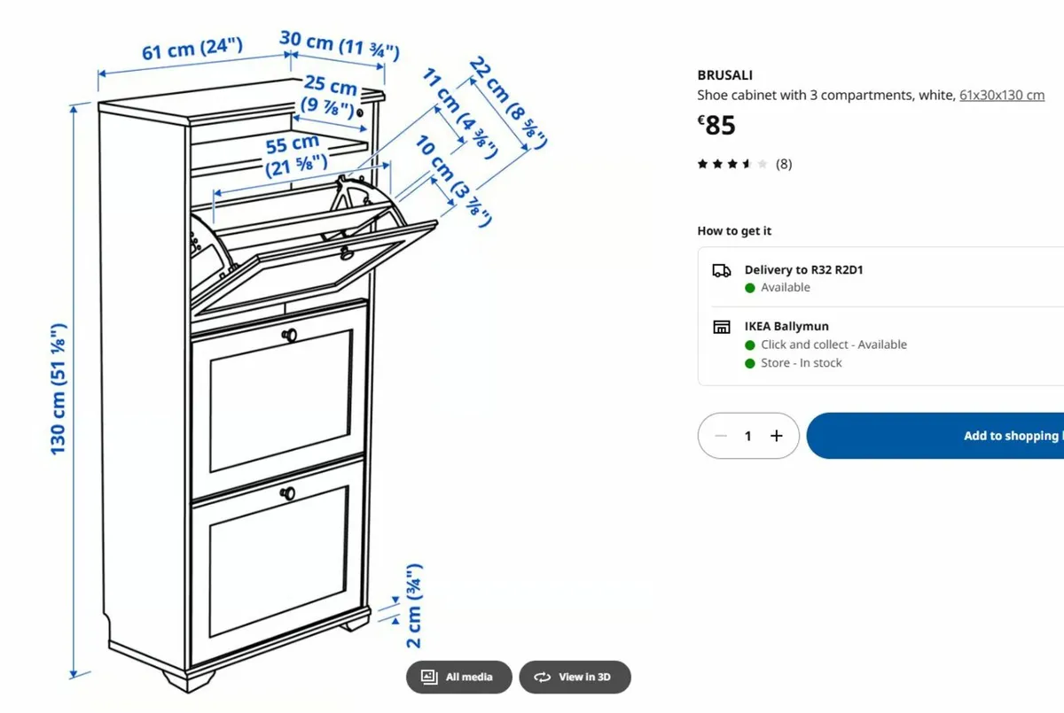 Shoe cabinet with 3 compartments, white, 61x30x130 - Image 1
