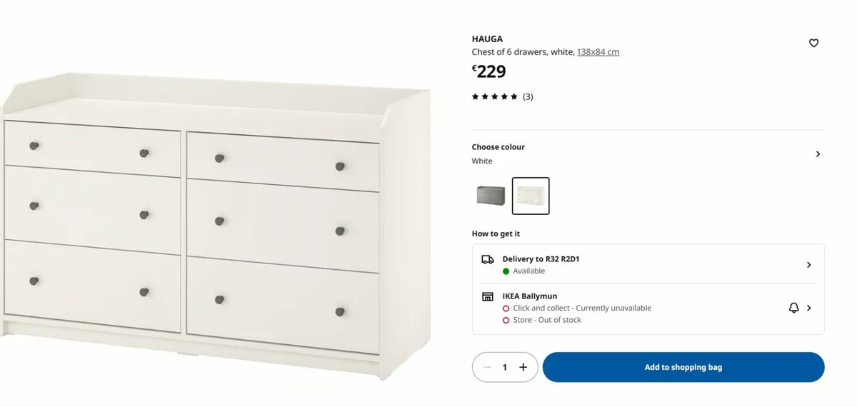 HAUGA Chest of 6 drawers, white, 138x84 cm - Image 1