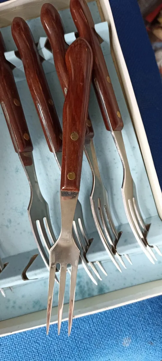 Wooden Handle Steak Knives and Forks - Image 1