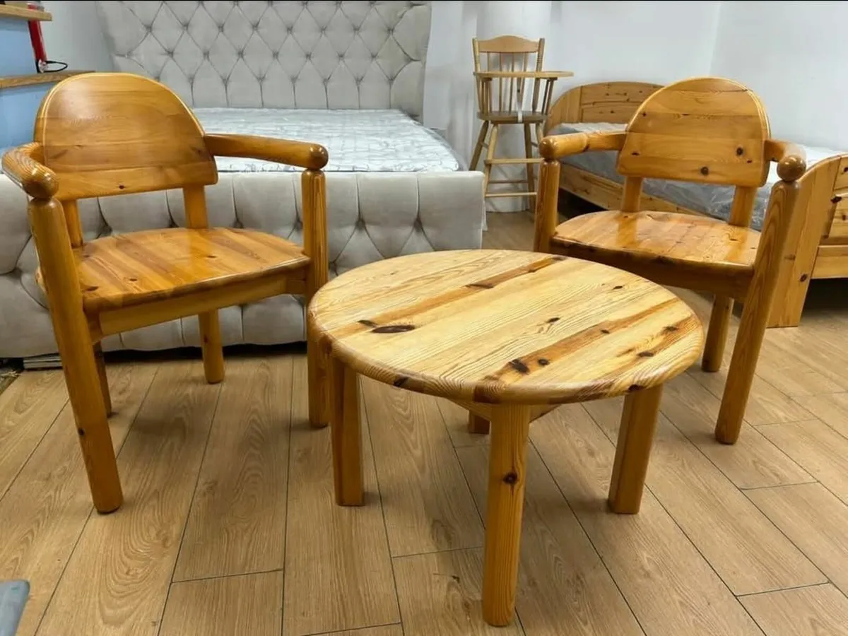 Pair designer 1970s pine chairs, matching table - Image 1
