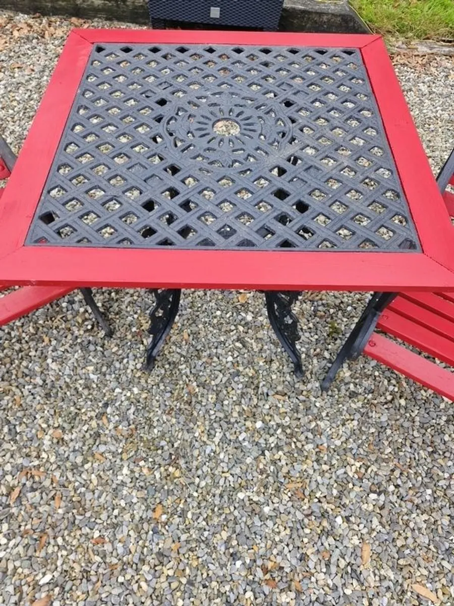 Heavy cast iron table and two high back chairs - Image 4