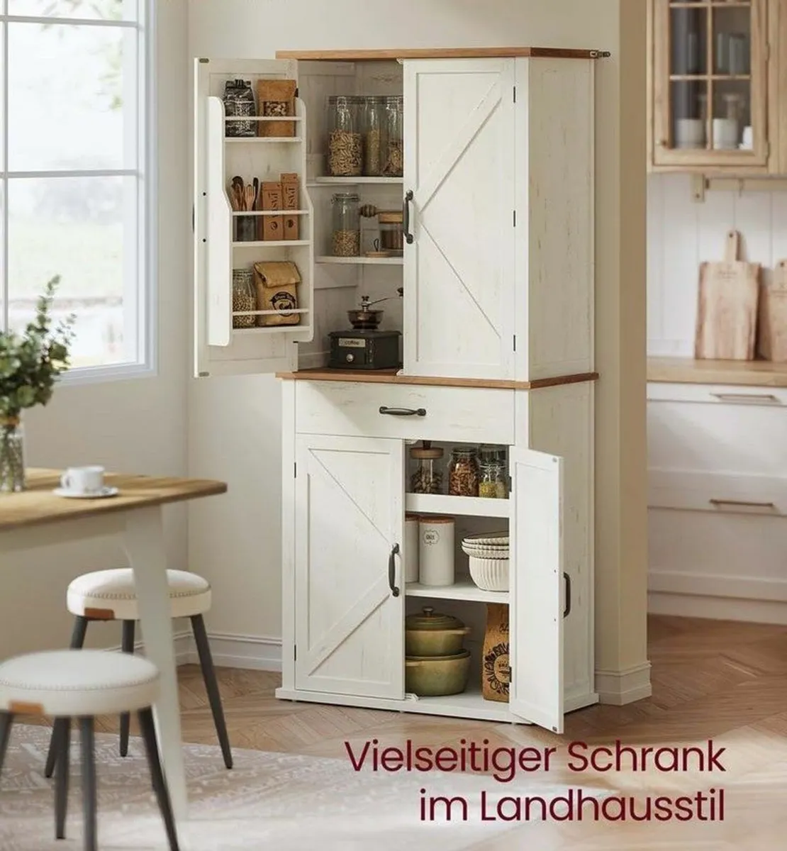 Tall Country Style Kitchen Cabinet Vintage White P - Image 1