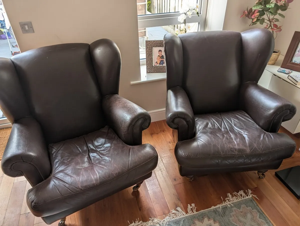 2 Leather Wing-Back Chairs - Image 1
