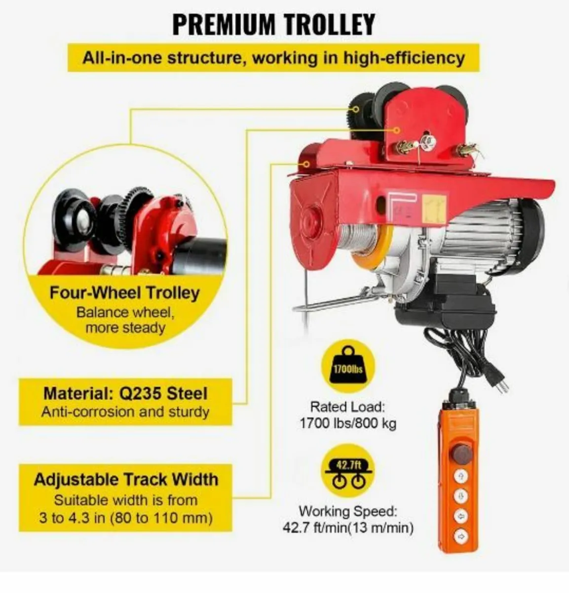 800Kg/1700Lbs Electric Trolley Hoist 1300W - Image 2