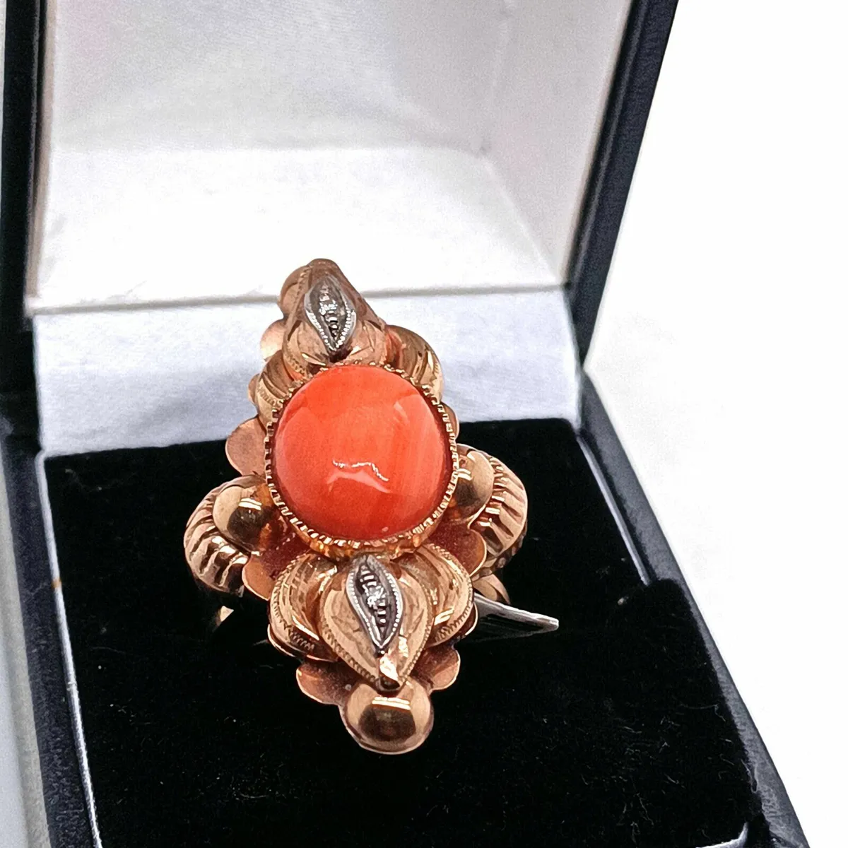 Victorian Red Coral & Diamond Fancy Ring 9k Gold - Image 1