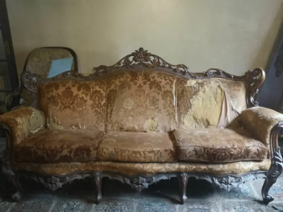 Vintage sofa, Barbers chair , ladder back chairs - Image 1