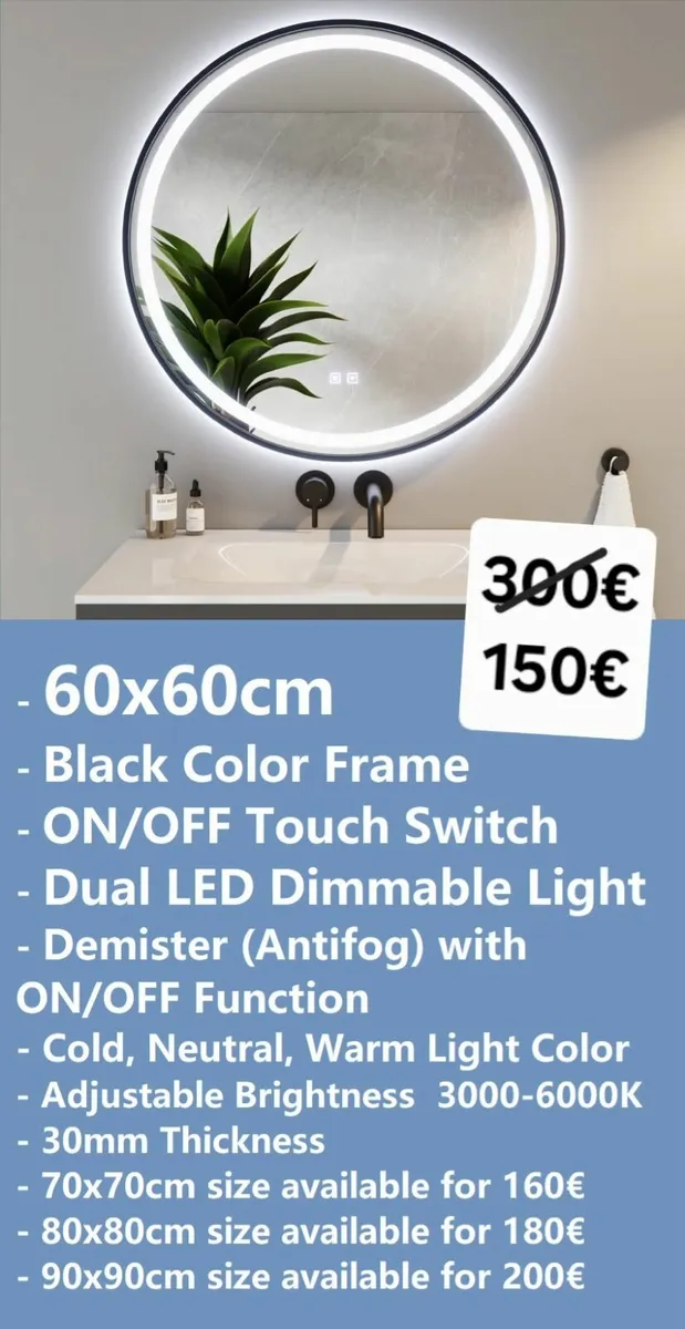 LED Bathroom Mirror Round Black Frame Antifog 60cm - Image 1