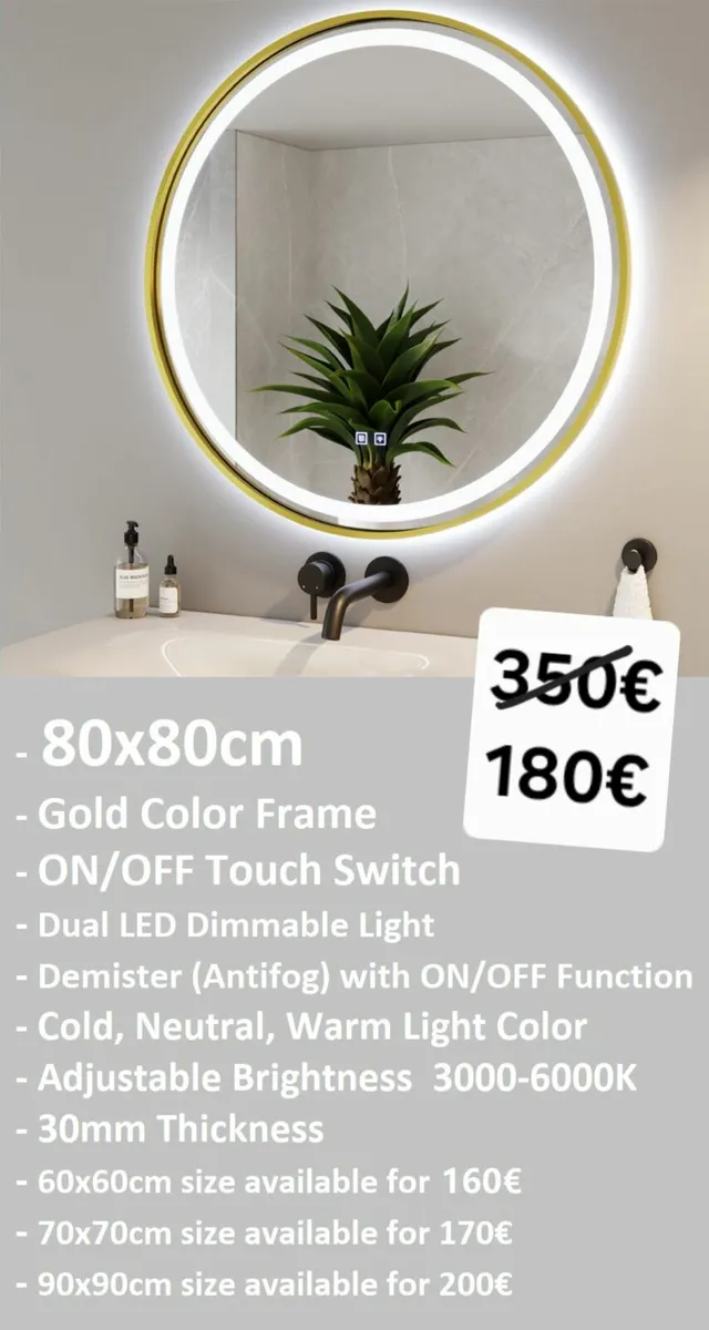 LED Bathroom Mirror Gold Round Antifog 80cm - Image 1