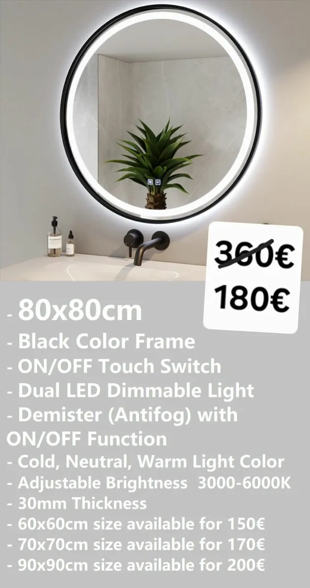 LED Bathroom Mirror Round black Frame Demister - Image 1