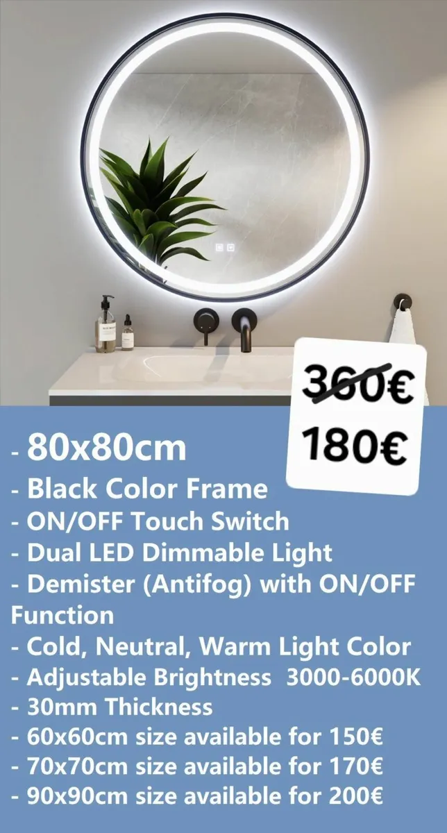 LED Bathroom Mirror Round Black Frame Demister - Image 1