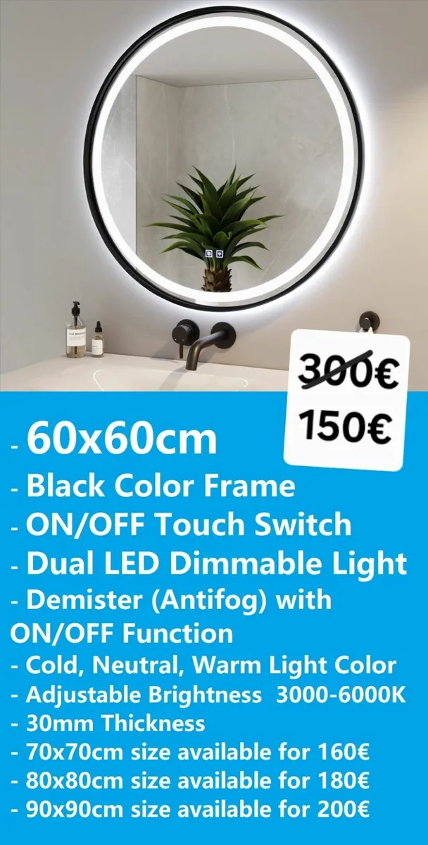 LED Bathroom Mirror Round Black Frame Antifog 60cm - Image 1