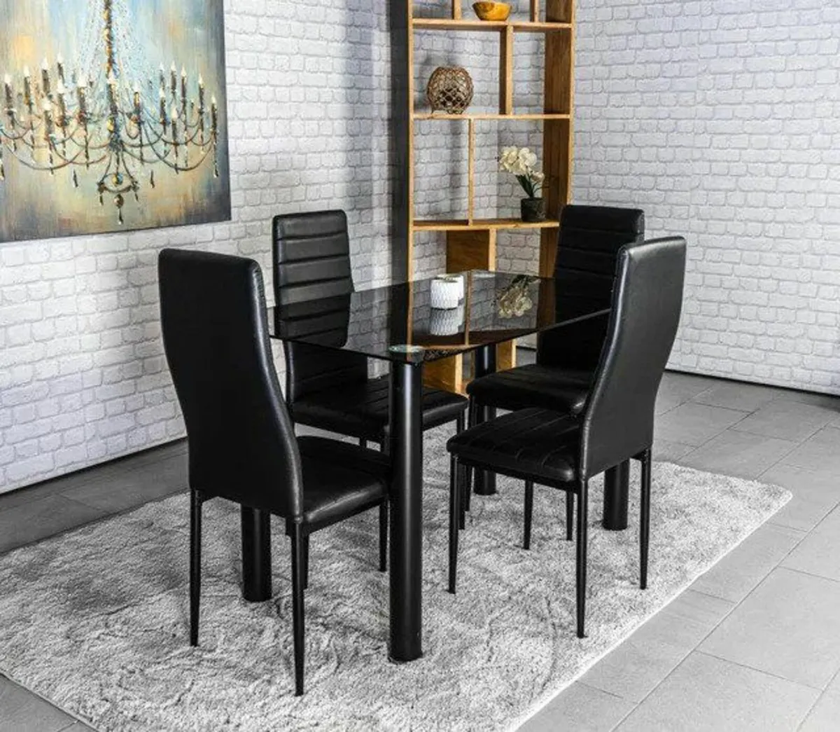 Compact Glass Dining Table Set Seats 4 , Black - Image 1