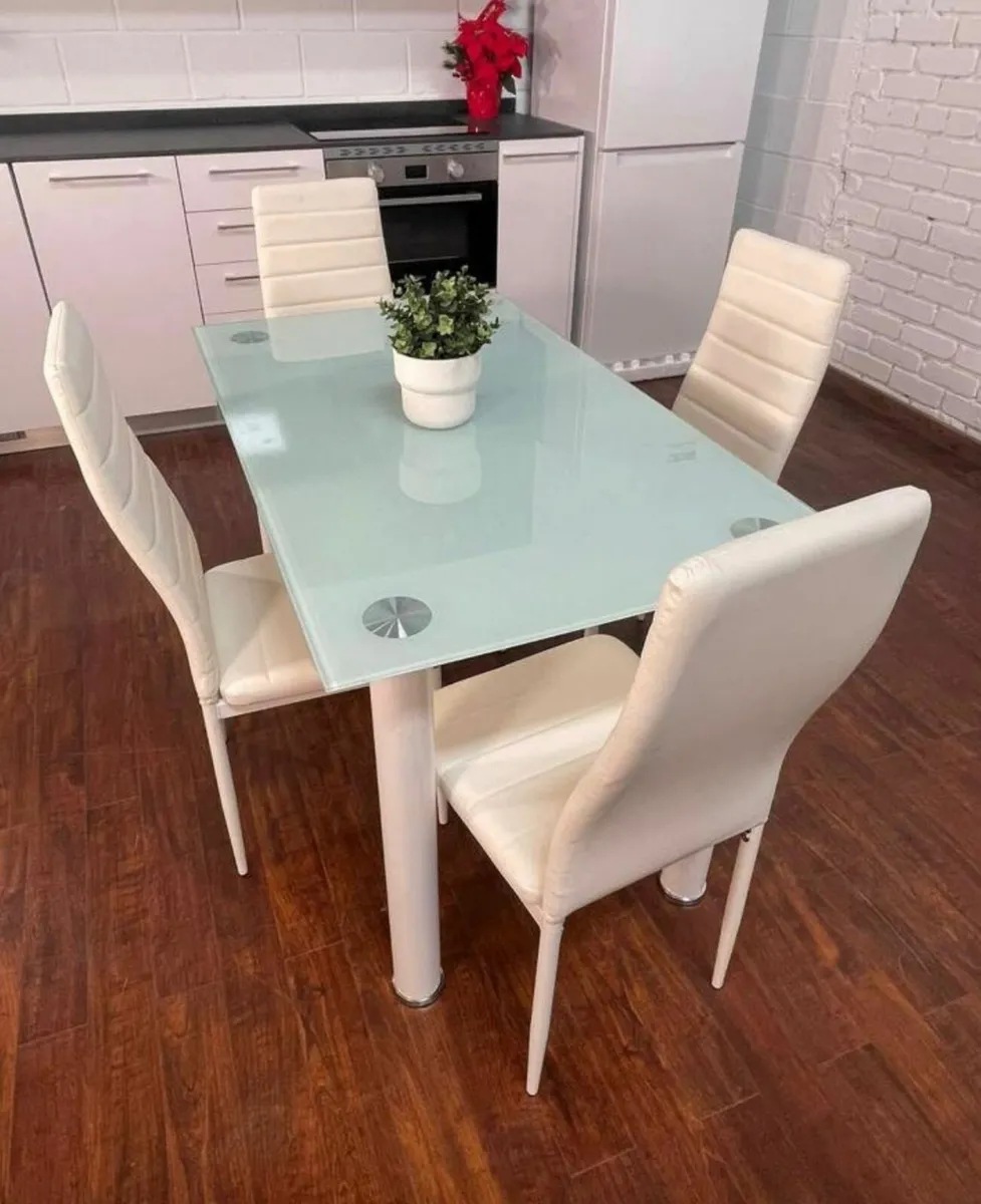 Compact Glass Dining Table Set Seats 4 , White - Image 1