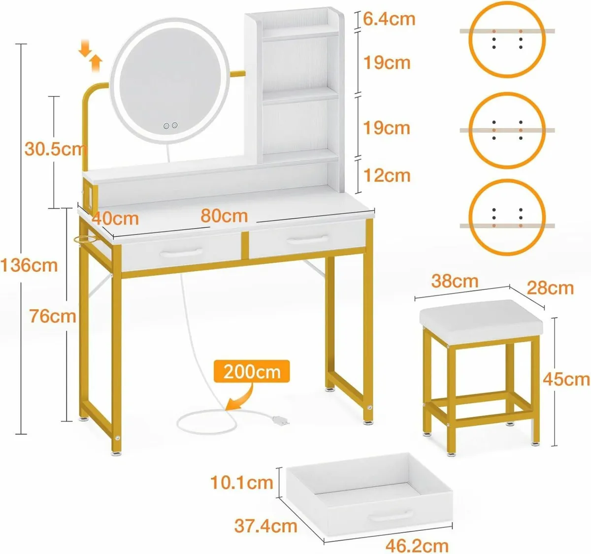 Dressing Table Set, with height-adjustable mirror - Image 2