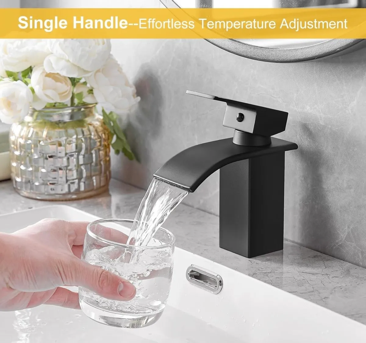 Waterfall stainless steel matte black bathroom tap - Image 1