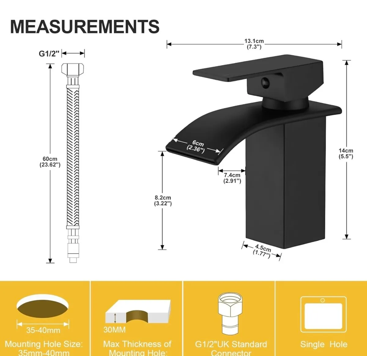 Waterfall stainless steel matte black bathroom tap - Image 2