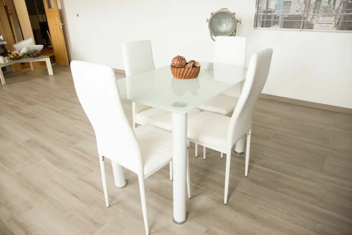Compact Glass Dining Table Set Seats 4, White - Image 1