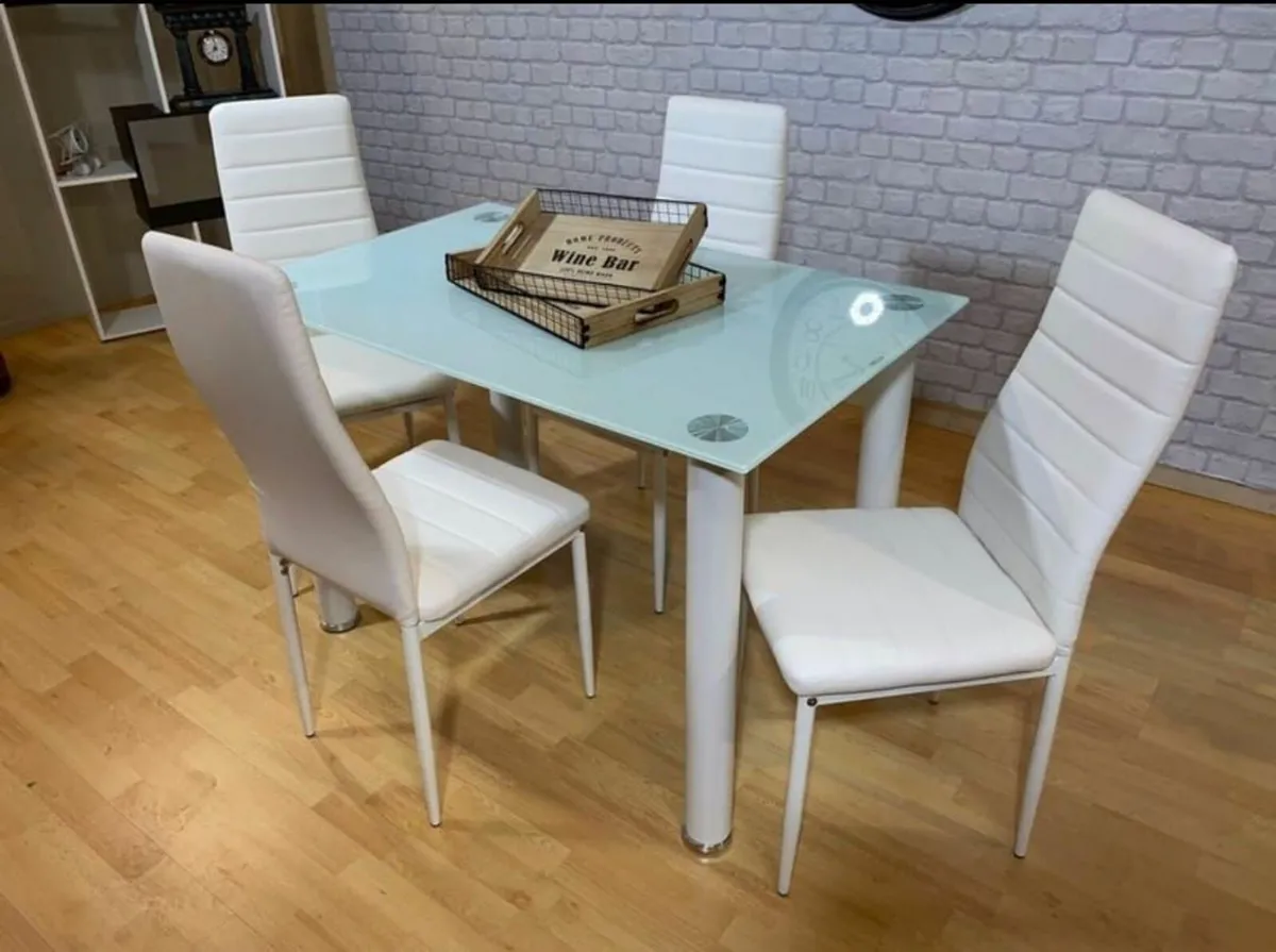 Compact Glass Dining Table Set Seats 4, White - Image 1