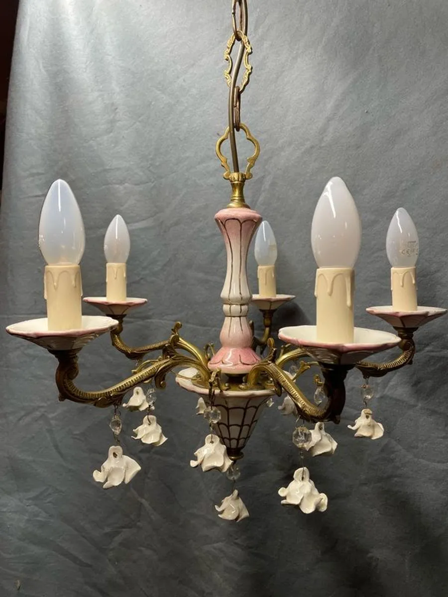 Lovely Spanish Antique Bronze and Ceramic Chandlier. - Image 1