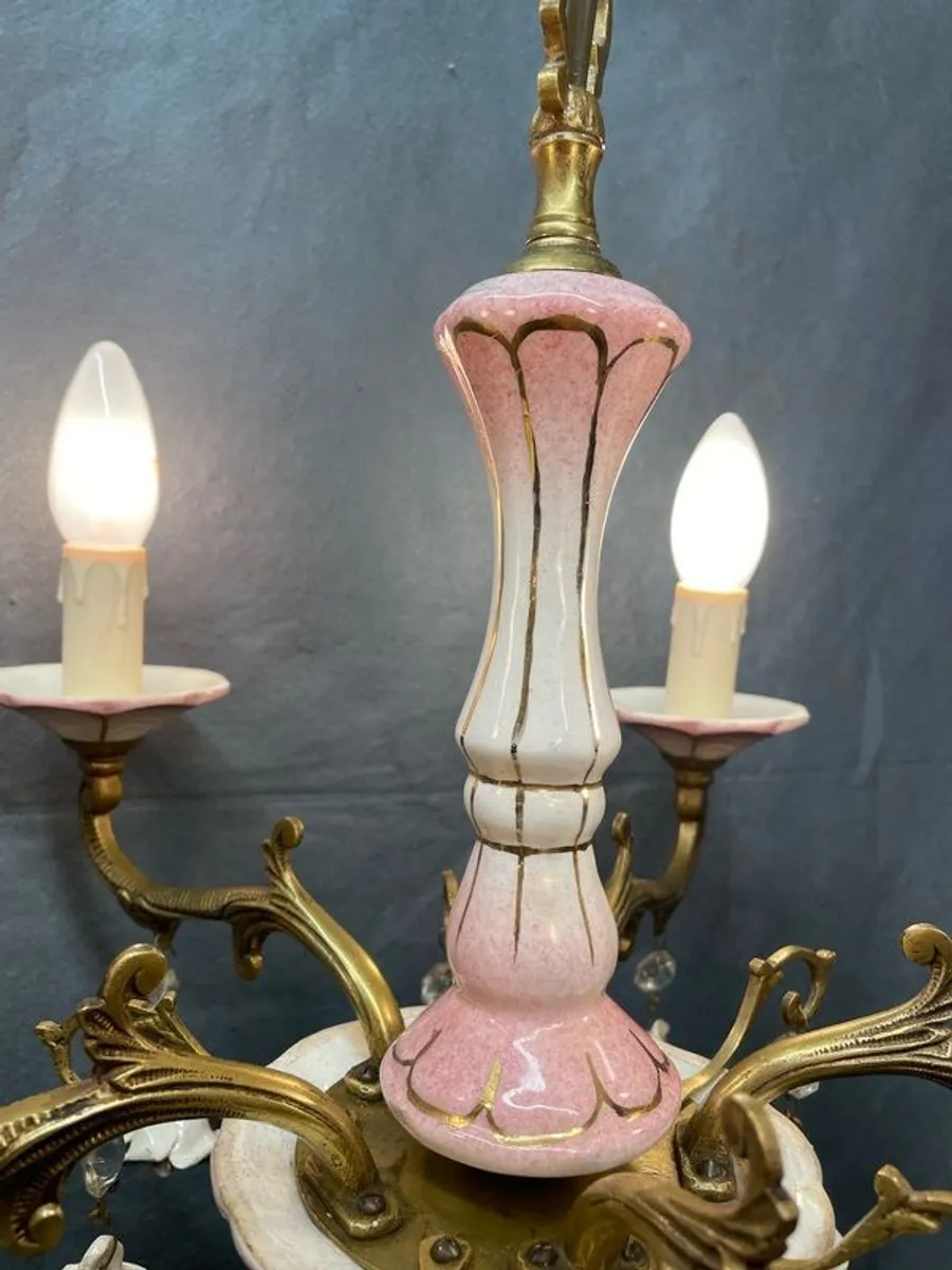 Lovely Spanish Antique Bronze and Ceramic Chandlier. - Image 2