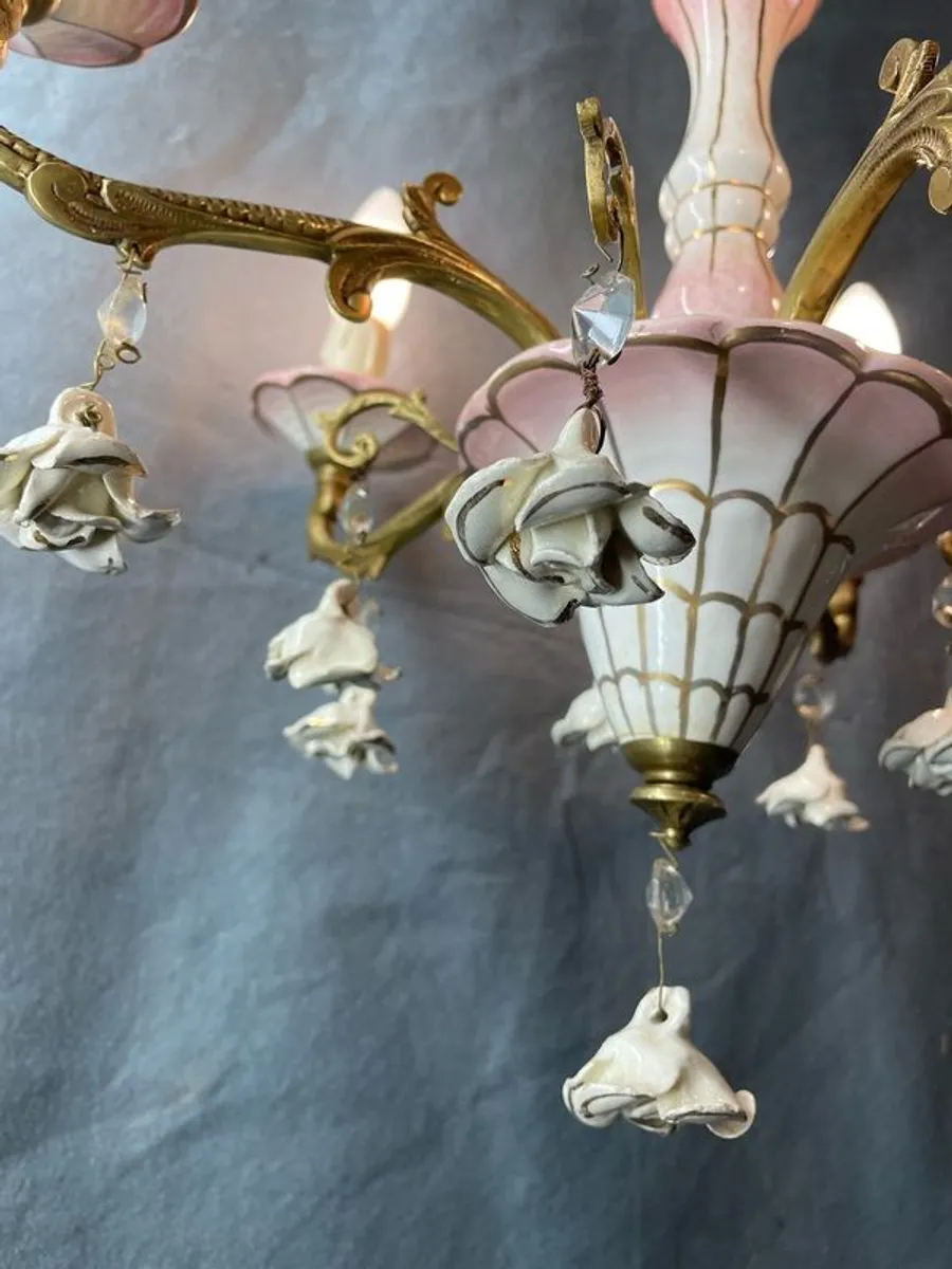Lovely Spanish Antique Bronze and Ceramic Chandlier. - Image 4