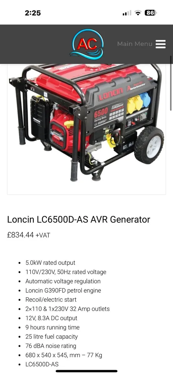 Loncin LC6500D-AS AVR GENERATOR - Image 1