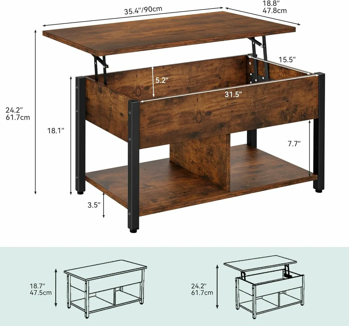 Lift Top Coffee Table Easy Lift 2Tier Storage - Image 2