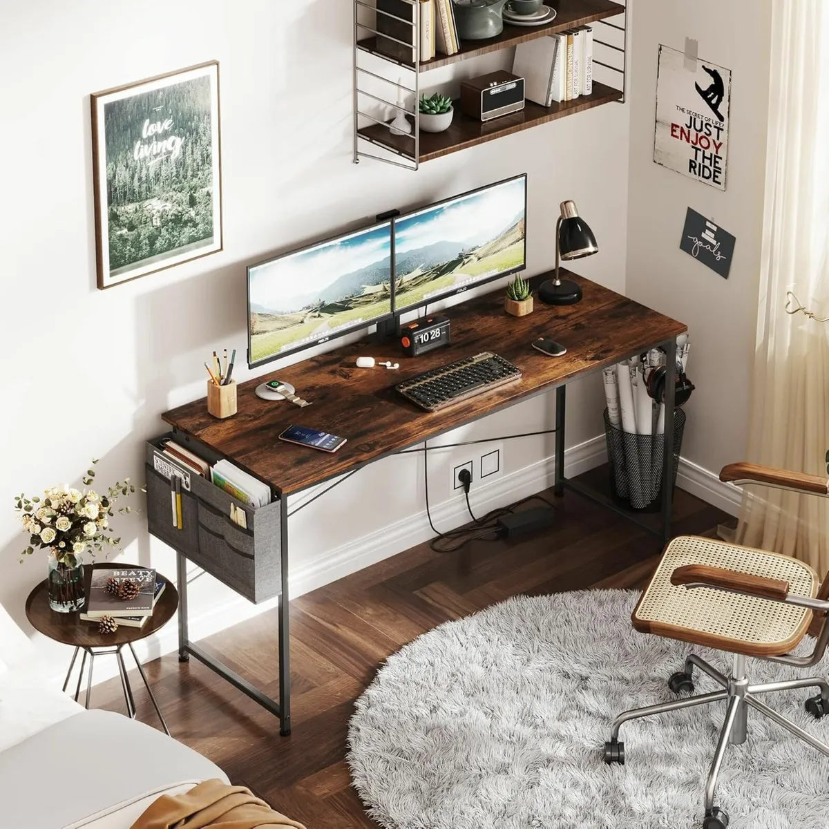 Computer Desk 140 x 55 cm, Home Office Desk Brown - Image 1