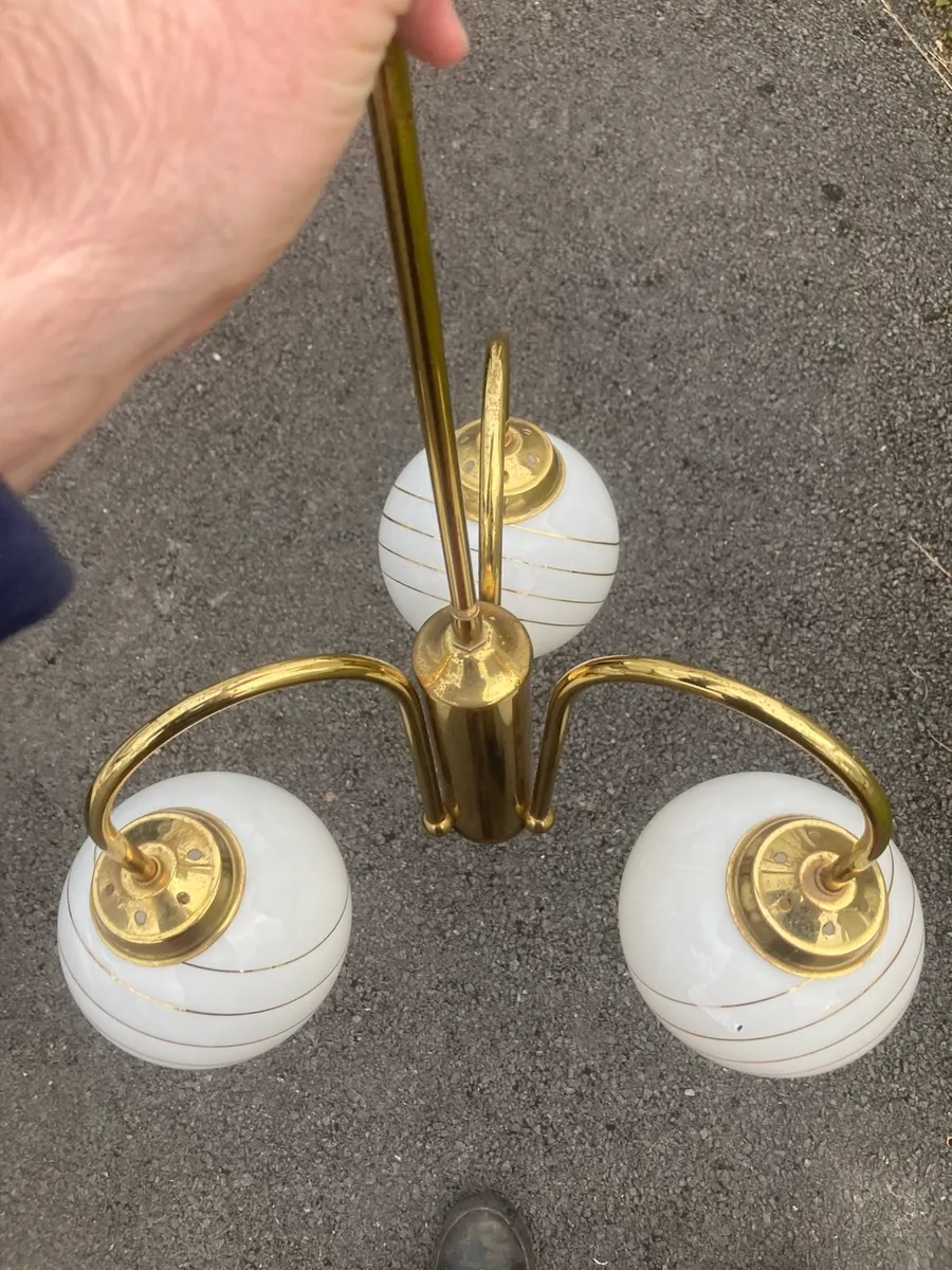 1960s art deco style brass three globe chandelier - Image 1