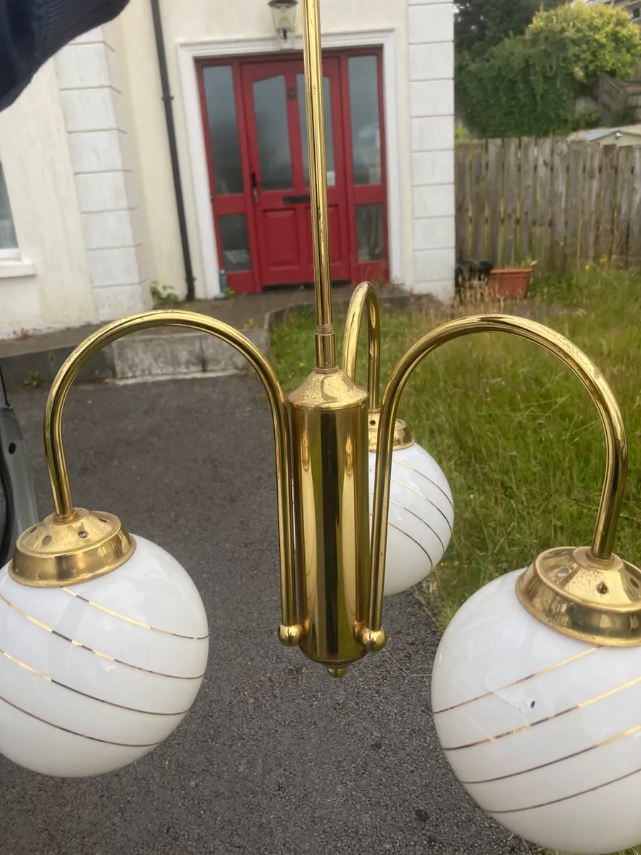 1960s art deco style brass three globe chandelier - Image 2