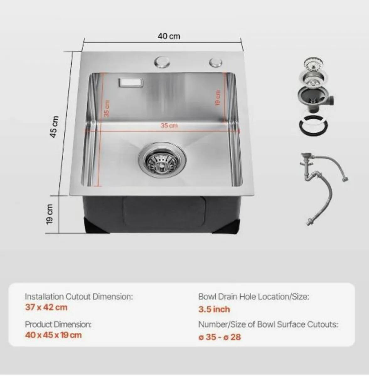 40cm Kitchen Sink Top Mount Single - Image 3
