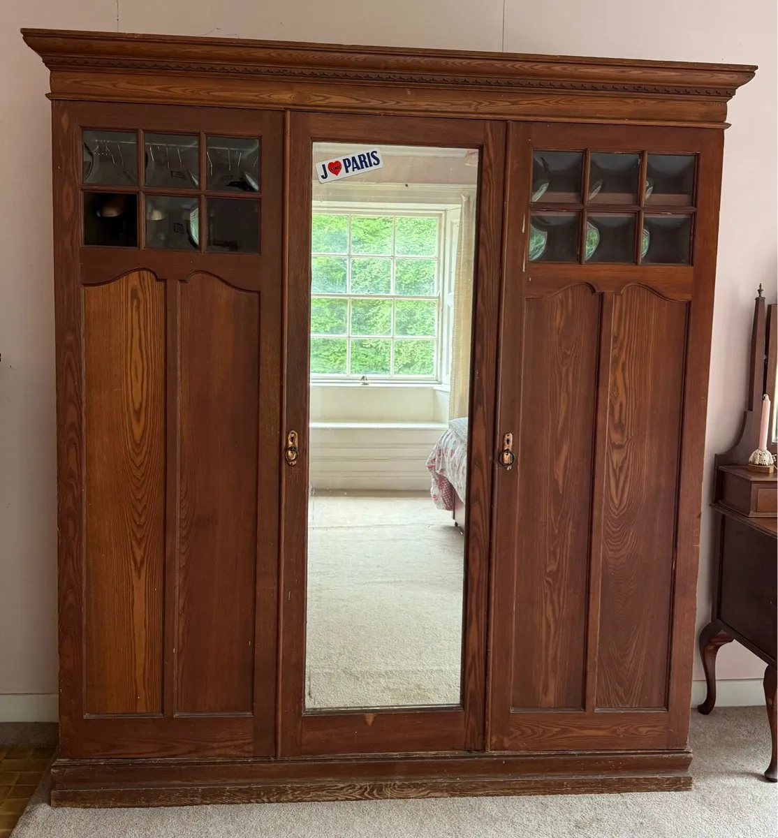 Vintage pitch pine wardrobe 3-doors - Image 1