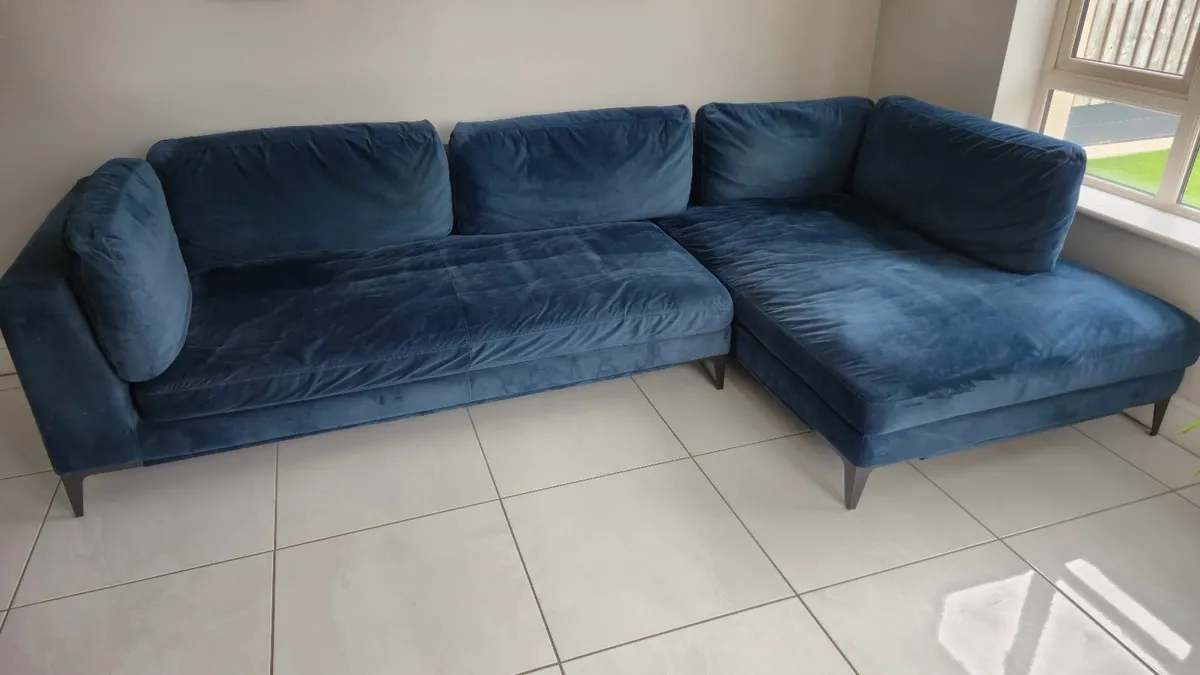 Large Corner Sofa: Navy Blue Velvet - Image 2