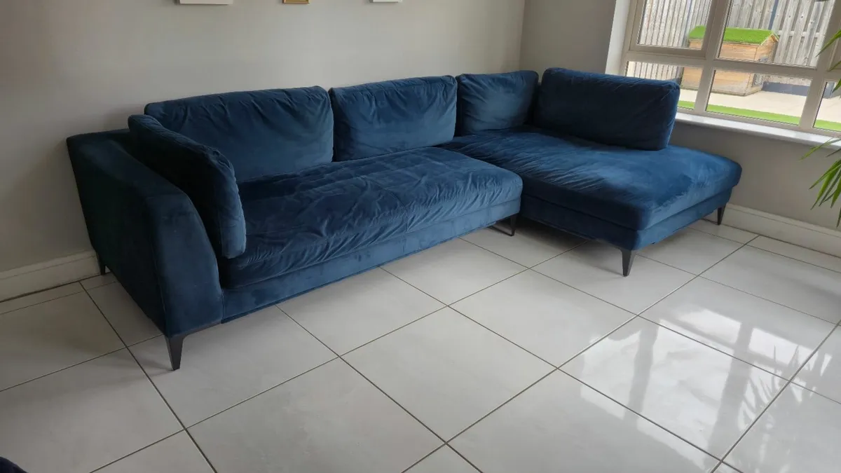 Large Corner Sofa: Navy Blue Velvet - Image 1
